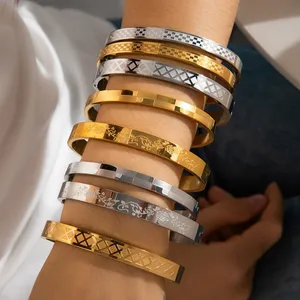 Luxury Non Tarnish Stainless Steel 18K Gold Plated Flower Carving Bangle Bracelet Women Jewelry Gift Daily Wear