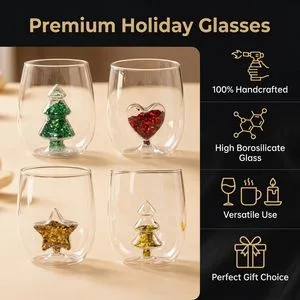 Home Bar Gift Glassware Christmas Tree Green Glitter Hand Blown Stemless Red White Wine Champagne Whiskey Glasses Set of 4