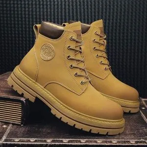 Men's Wheat Work Boots Classic Yellow Leather Ankle Boots Retro High Top Lace up Combat Boots Chunky Lug Sole Non-Slip Male