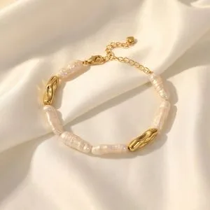 Baroque Biwa Freshwater Pearl Jewelry, Gold Plated Copper Irregular Beaded Bracelet
