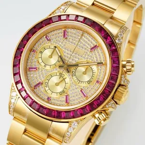 Full Diamond Gold Tone Automatic Chronograph Men Iced out Sports Wristwatch
