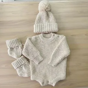 Texture Cotton Knitting Chunky Romper Beanie Booties for Baby in Winter