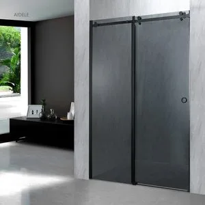 Matte Black Frame Double Sliding Shower Door, Semi-Privacy Grey Glass Bathroom Shower Screen