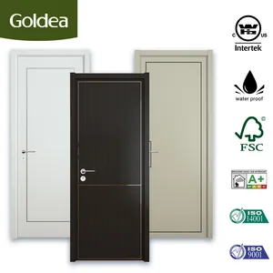 ODM European Style Finished China MDF PVC Bypass Interior Hotel Toilet Wooden Front Door with Metal Strips Inlay Design
