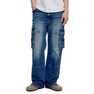 Chinese Manufacturer Custom Men's Blue Baggy Cargo Denim Jeans with Side Big Pockets Long Jeans