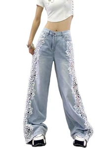Women High Waist Wide Leg Denim Jeans with Floral Lace Cutout Trim