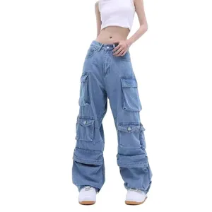 Light Wash Cargo Baggy Denim Jeans with Multi Pockets Wide Leg High Waist Streetwear