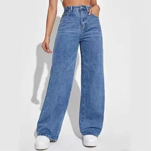 High Waist Loose Straight Leg Women's Jeans Breathable Light Washed Denim