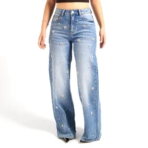 Guangzhou Manufacturer Custom Women Blue High Waist Wide Leg Jeans