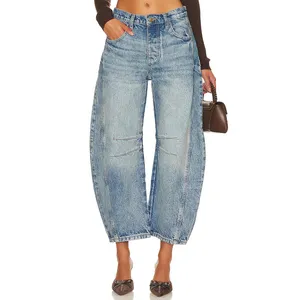 Custom Fashion Women High Rise Loose Barrel Wide Leg Taper Denim Jeans