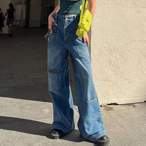 Women Jeans 2025 Women's Street Style Cargo Jeans Loose Wide-Leg Straight-Leg Heavy Zipper Multi-Pocket Stretchy Washed