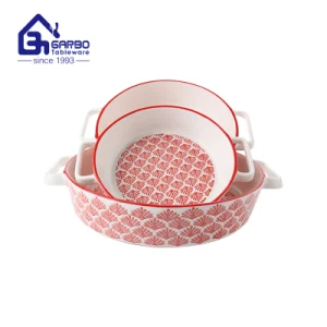 Wholesale 3PCS Baking Set Red-Colored Ceramic Baking Dish with Handle Oval Shape Color Glaze Porcelain Plate Set