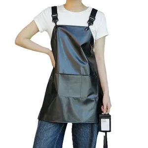 Black Vinyl Leather Apron with Pockets Waterproof Kitchen Cooking Dishwashing Grooming Ez30725
