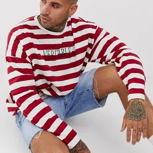 Mens Striped Cotton Spandex Crewneck Long Sleeve Red White Soft Elastic T-Shirt