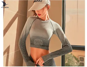Seamless Gradient Tops Yoga Wear Women's Gym Fitness Sports Fashion Long-Sleeved T-Shirt