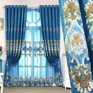 Blue Chenille Blackout Curtains with Embroidery for Home Window Drapes