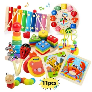 AiJH Wooden Children's Eight-Note Percussion String Clock Rainbow Tower Four-Column Shape Board Twisty Worm Educational Toy