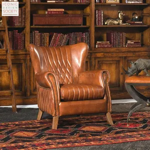 Modern Hotel Living Room Furniture Vintage Home Office Curved Back Nailhead Trim Club Genuine Leather Armchair