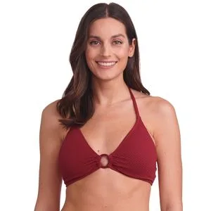 Women Trendy Recycled Polyester Textured Fabric Lace-up Tringle Cup Bikini Bra with Ring Decoration