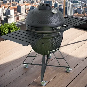 Black Ceramic Kamado Grill with Cast Iron Top Vent and Bamboo Accessories