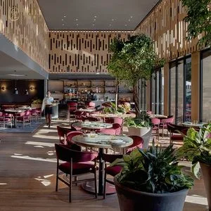 Jeili Hotel Commercial Restaurant Table and Chair Burgundy Leather Dark Wood Marble Metal Retro Hotel Restaurant Furniture