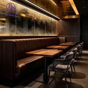 Ron Group Grey Velvet Chair Metal Base Table Brown Leather Sofa Booth Seating Set Modern Luxury Catering Cafe Coffee Shop Hotel Restaurant Furniture