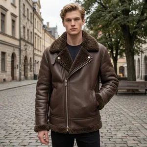 Luxury Vegan Protein Leather Faux Shearling Biker Jacket Retro Designer Choice Sustainable Men Winter Aviator Jacket
