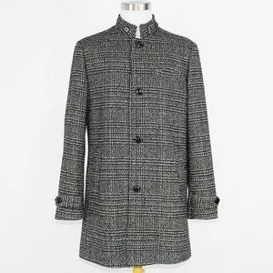Men's Yarn Dye Plaid Combo Stand Collar MID-Length Business Long Trench Coat