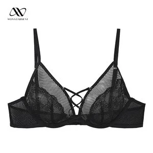 Black 3/4 Cup Underwired Mesh Bra with Floral Plain Dyed