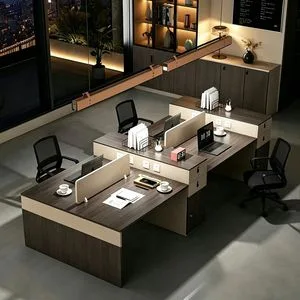 Modern Wooden 4 Seater Desk with Partition, Workstation for Open Office