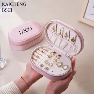 Wholesale Factory Price Portable Pink Green Brown Blue Oval Zipper Small Travel Velvet Gift Jewellery Storage Organizer Case Jewelry Box with Customized Logo