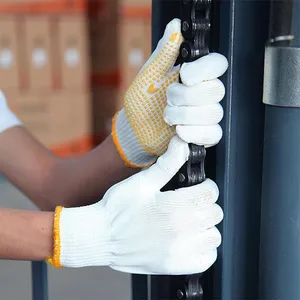 DDsafety 77+countries low-cost manufacturer gloves. gloves for industrial/home/construction.Natural cotton/polyester string knit.Yellow pvc dots one side.