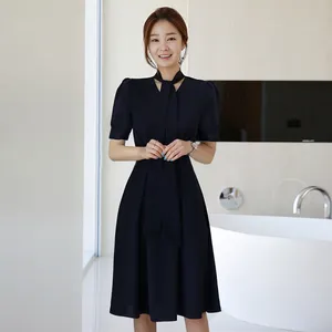 Elegant Navy V-Neck Bubble Sleeve MIDI A-Line Dress Women Slim Fit Casual Party Daily Office Wear