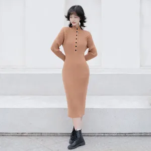 Women Clothing Manufacturers Winter Knitted Women's Ribbed Knit MIDI Dress High Neck Button Sweater Dress