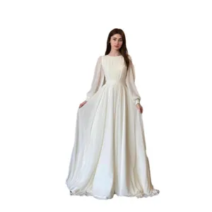 Elegant Lantern Sleeve Pearl Embellished Sheer White Wedding Dress Round Sleeve Gown
