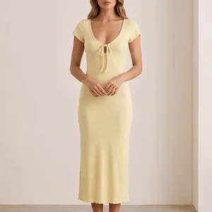 Pill Resistant Women's Knitted Deep V-Neck Slim-Fit Straight Long Dress for Dating