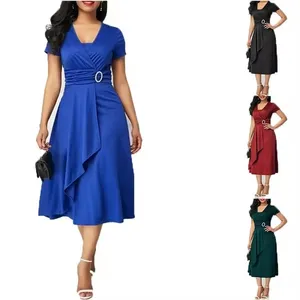 New Summer Sexy V-Neck Women's High Waist Long Women Solid Color Ladies Evening Dress