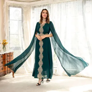 Fashion Chiffon Cape Bell Sleeve Lace Trims Ladies Slim Elegant Long Evening Party Dress