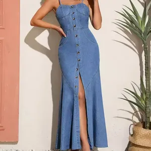 Brand Apparel Women Wholesale New Design Blue Sleeveless Maxi Denim Dress Overall Casual Formal Single Button Fashion for Ladies Evening Dress