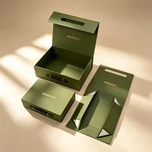 Wholesale Custom Luxury Folding Magnetic Gift Box with Ribbon Handle Green Packaging Box Clothing Shoe Wigs Cosmetics Paper Box