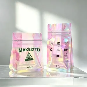 Stock Customized Logo High Quality Rainbow Transparent Flat Bottom Ziplock Packaging Bag with Gas Valve for Coffee, Tea, Pet Food, Cookies, Snacks