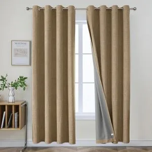 Thick Linen 100% Blackout Curtains for Living Room, Thermal Curtains Sound Blocking for Bedroom