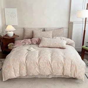 Pink Floral Printed Bedding Set with Linen Double-Layered Yarn Lace Duvet Cover Bed Sheets Four-Piece Set