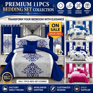 Factory Wholesale OEM/ODM Blue Bed Sheet Set Bed Cover Printed 11-Piece Polyester Quilted Bedspread Bedding Set with Curtain and Pillow Shams