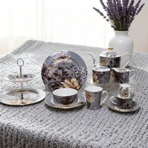 Elegant Ceramic Tableware with Embossed Decal and Gold Rim