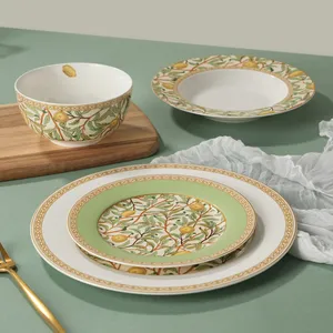Mediterranean Lemon 24PCS Ceramic Dinnerware Set Italian Style Botanical Porcelain Plates and Bowls Yellow Fruit Green Leaf Tableware Set for 6