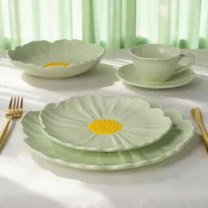 Luxury 20PCS Sunflower Ceramic Dinnerware Set 3D Flower Shaped Porcelain Plates with Cup and Saucer Sage Green Summer Tableware