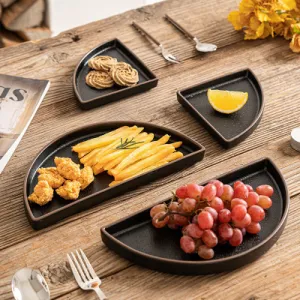 Restaurant Hotel Unique Design Half Round Ceramic Serving Dishes Plates Black Tableware