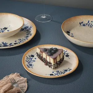 24PCS Digital Printed Ceramic Dinnerware Set Rustic Blue Floral Plates and Bowls with Crackle Glaze Effect Tableware