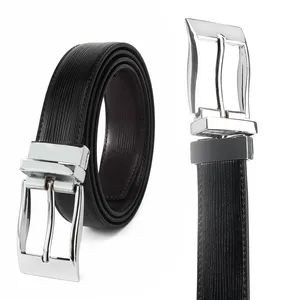 Men's Black Brown Reversible Genuine Leather Belt with Rotated Zin Alloy Buckle